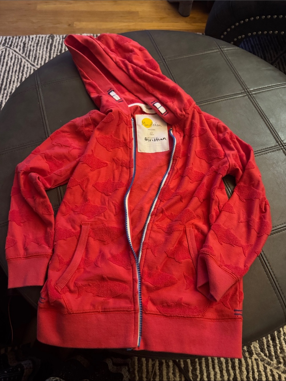 Mini Boden Bright Red Hooded Zip Sweatshirt with Texture size 6/7
